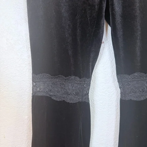 Black Velvety Lace Trim Bootcut Hippie Bohemian Festival Artsy Stretchy Pant M - Picture 2 of 10